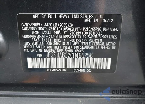 2012 Subaru Forester 2.5X из США, поврежденный, VIN JF2SHABC2CH466258